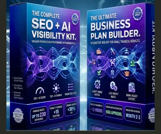 The SEO + AI Visibility Kit and the Business Launch Planner boxes