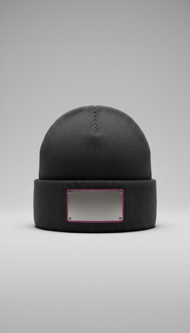 Metallic logo patch beanie leather accent
